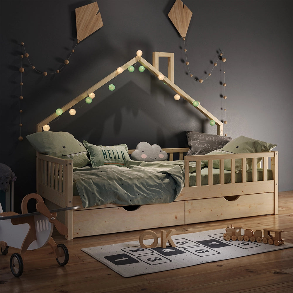 Vitalispa Letto montessori bambini Legno naturale 90x200 cm con 2 cassetti e materasso
