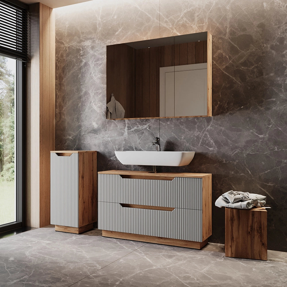 Vicco Set di mobili da bagno Rovere/grigio a righe 3 parti