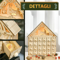 Calendario dell'Avvento  26,6x6x30 cm 24 Cassetti e Presepe Intagliato in Legno