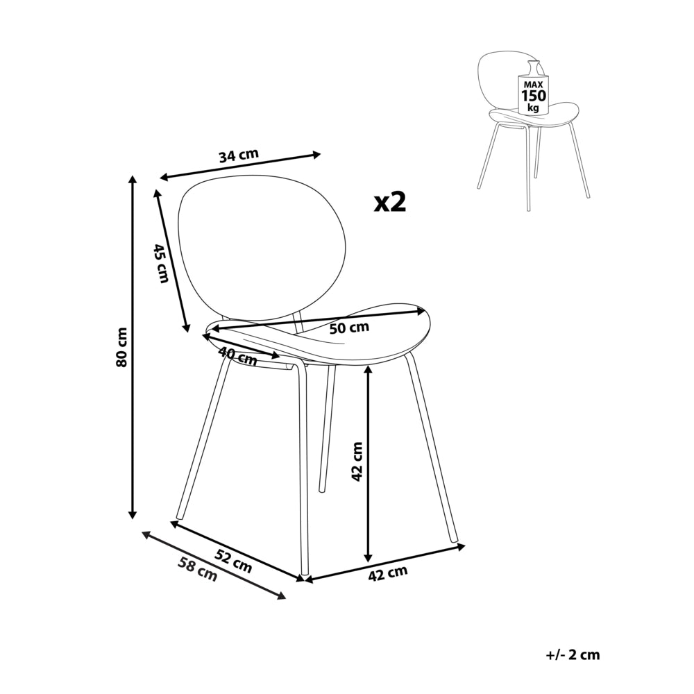 Set di 2 sedie in tessuto bianco e nero con gambe nere e senza braccioli design contemporaneo e retrò Sedute per la sala da pranzo