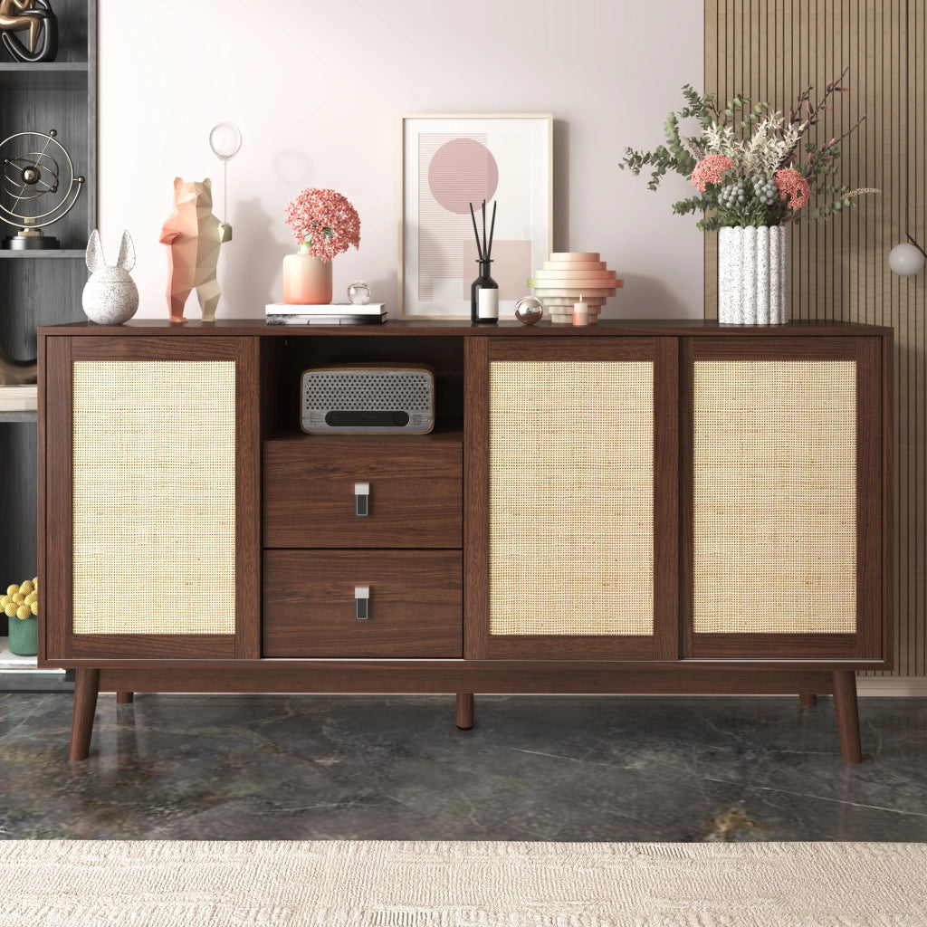 Credenza con ante scorrevoli in rattan - Zephmum- 155x38x80 cm, stabile e versatile