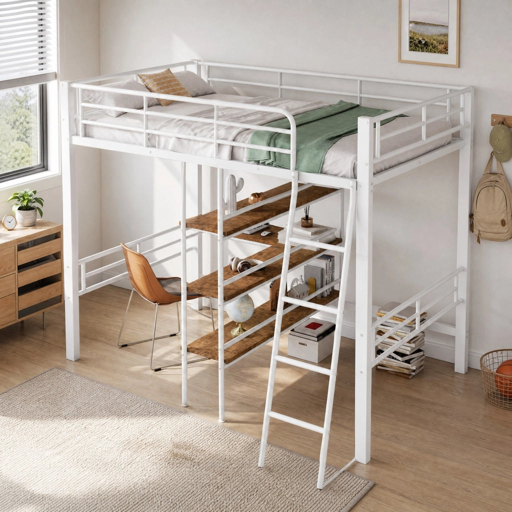 Letto a soppalco 90x200 cm in metallo con scrivania, ripiani e scala, bianco