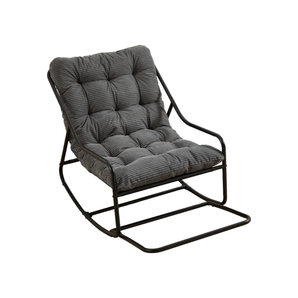 Sedia a dondolo da esterno con cuscino spesso 75x116x82 cm in acciaio; grigio con struttura nera