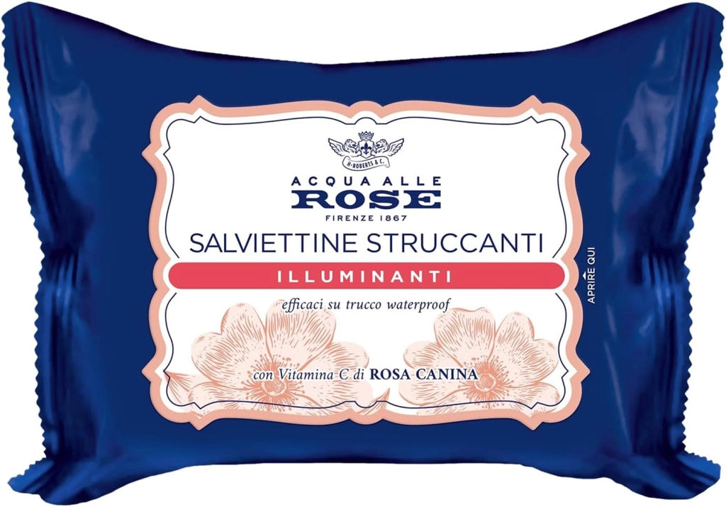 ACQUA ALLE ROSE SET 6 PACCHI DI SALVIETTINE STRUCCANTI ILLUMINANTI VITAMINA C DI ROSA CANINA VISO OCCHI E LABBRA 120 SALVIETTE