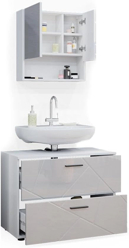 Set mobili bagno Irma, Bianco lucido, 80 cm, composto da specchio da bagno e mobile sottolavabo