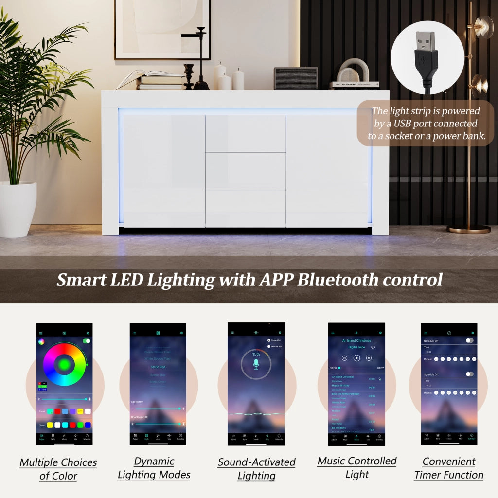 Credenza con 2 ante e 3 cassetti; LED; per soggiorno; in MDF; 140×40×65 cm; bianco