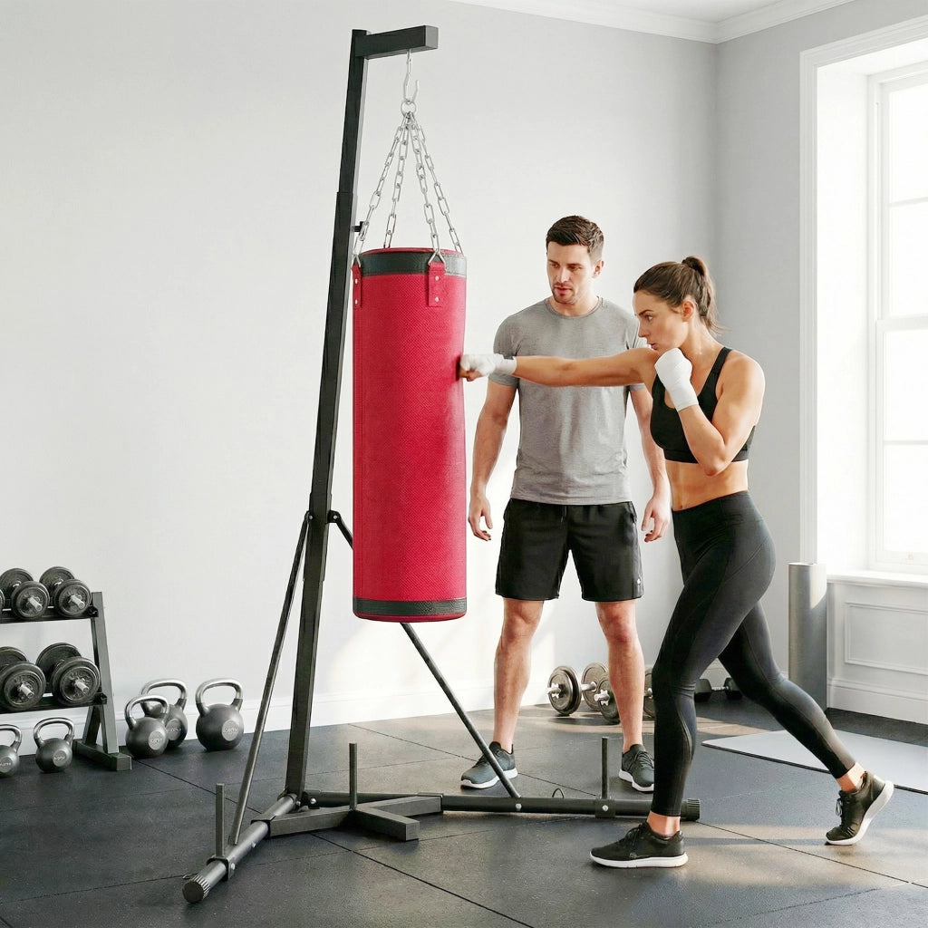 Supporto per Sacco Boxe Regolabile 175x91x185-231 cm con Base Triangolare e Sacco da Boxe in Acciaio e Tela Rosso