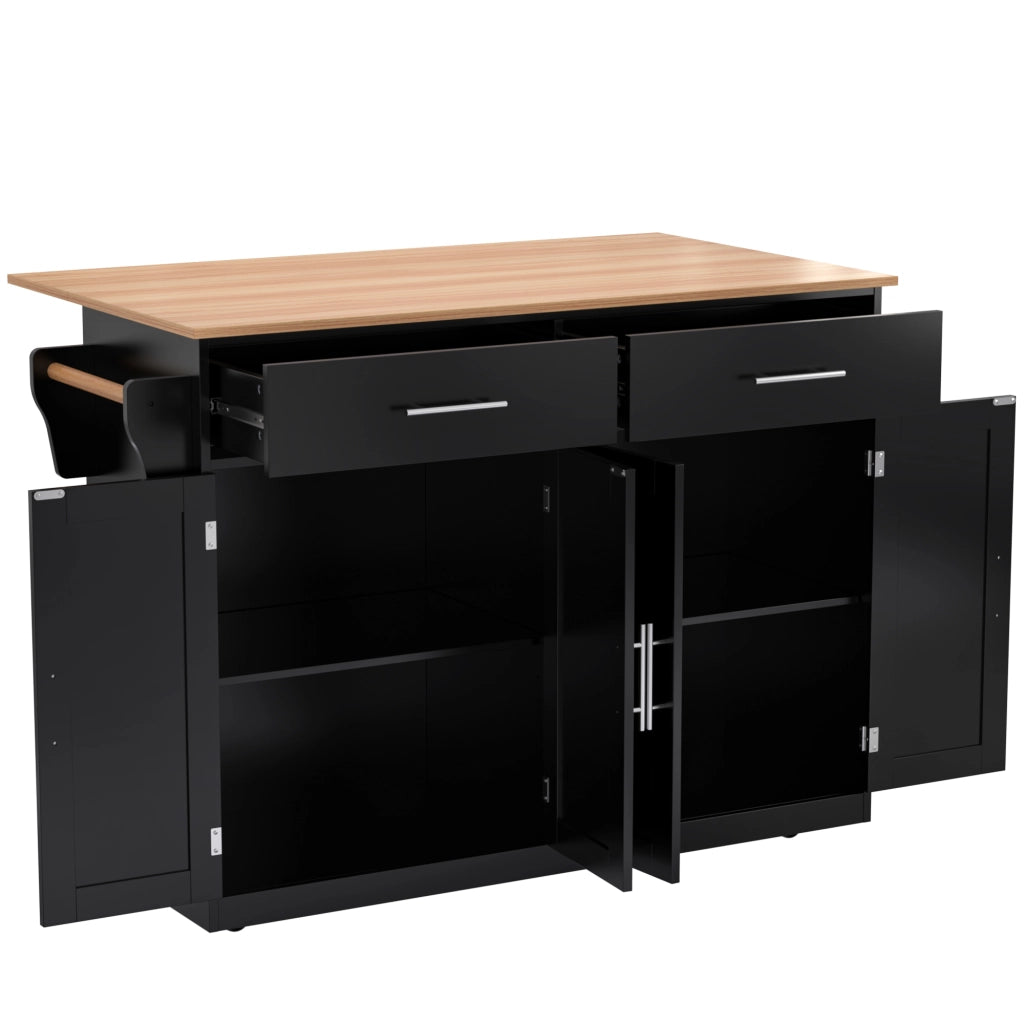 Carrello da cucina con piano ribaltabile, 120x46(70)x91, nero e naturale, con ruote e gambe in legno
