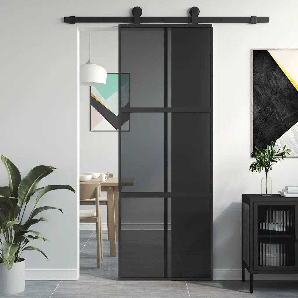 Porta Scorrevole Nera 76x205 cm in Vetro Temperato e Alluminio 155213