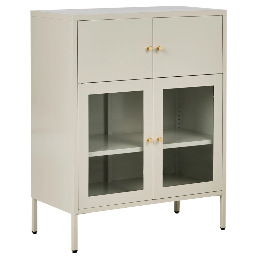 Vetrina in ferro beige chiaro con 2 ante in vetro e 2 scomparti chiusi in stile scandinavo