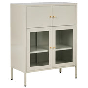 Vetrina in ferro beige chiaro con 2 ante in vetro e 2 scomparti chiusi in stile scandinavo