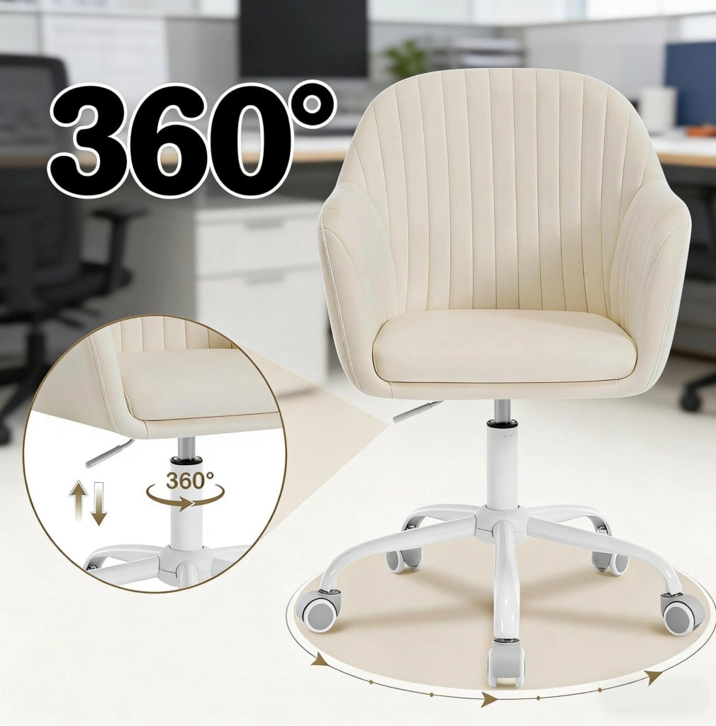 Sedia da ufficio ergonomica in velluto crema con ruote