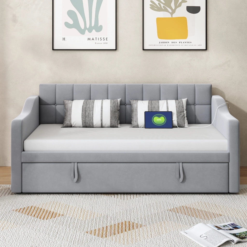 Letto imbottito estraibile 90x190 cm in velluto grigio chiaro con porte USB