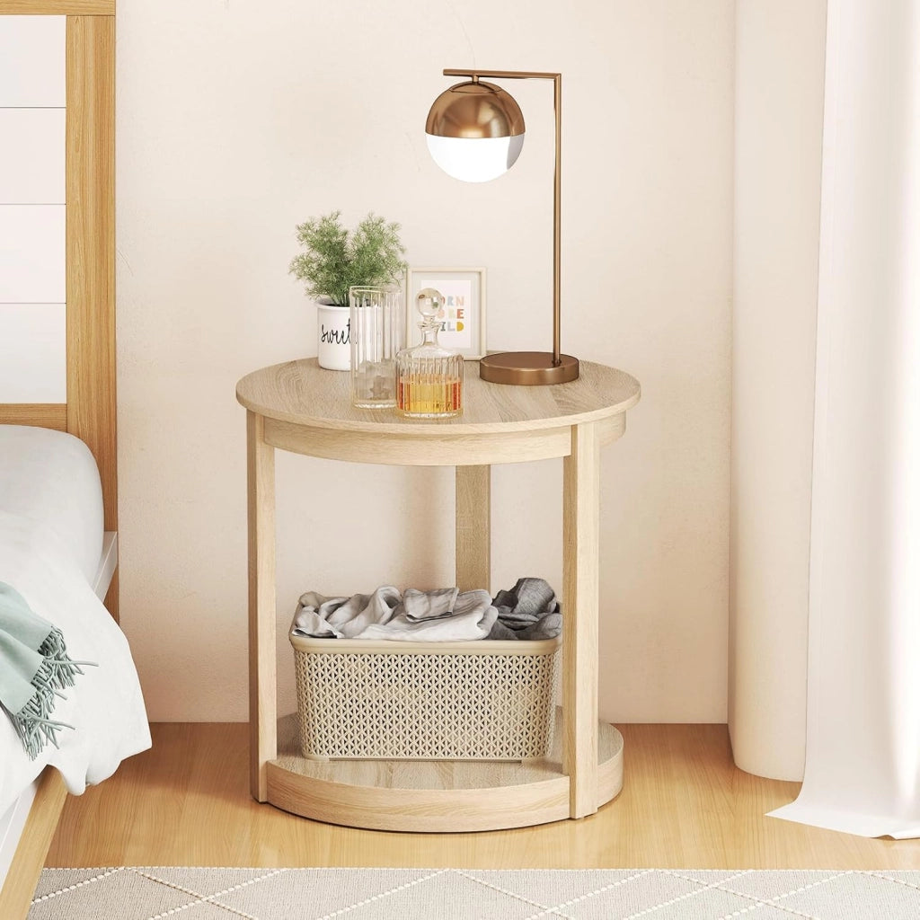 Tavolino Rotondo da Salotto, Tavolo da Caffè a 2 Livelli con Ripiano e Gambe in Legno di Gomma, Portata 160 kg, Tavolino in Legno per Soggiorno, Studio e Ufficio, 60,5 x 60,5 x 61 cm (Quercia)