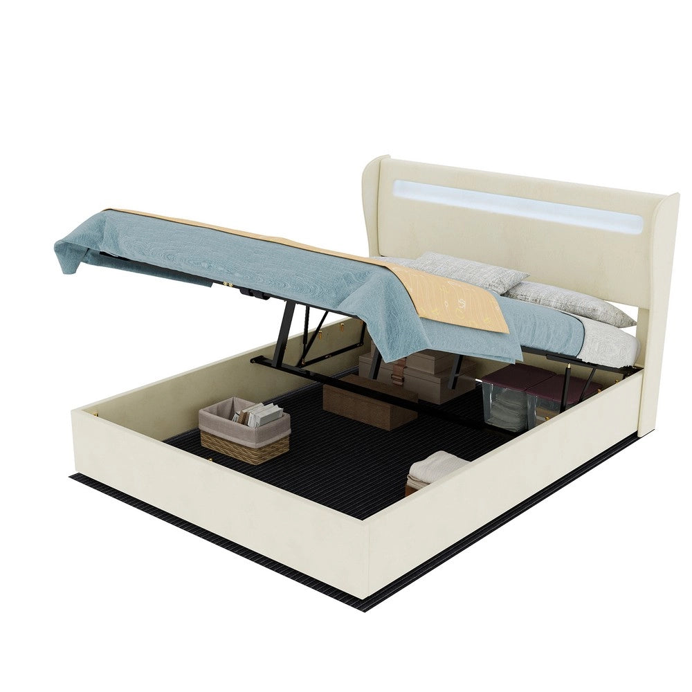 Letto Contenitore Imbottito con Testiera LED ¨C MINIMAL ¨C Velluto Beige 140x200