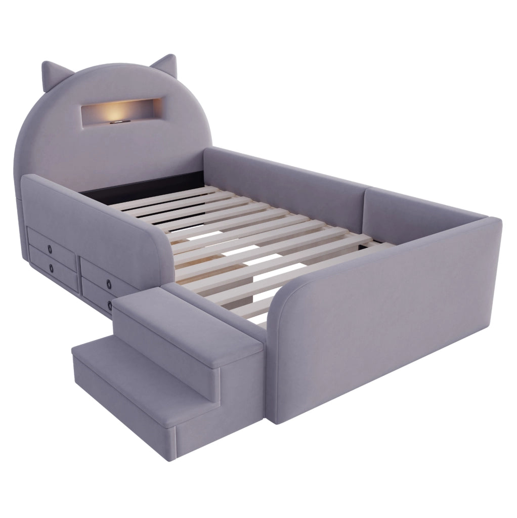 Letto imbottito 90x200 cm con contenitore; luce notturna e USB in velluto grigio scuro