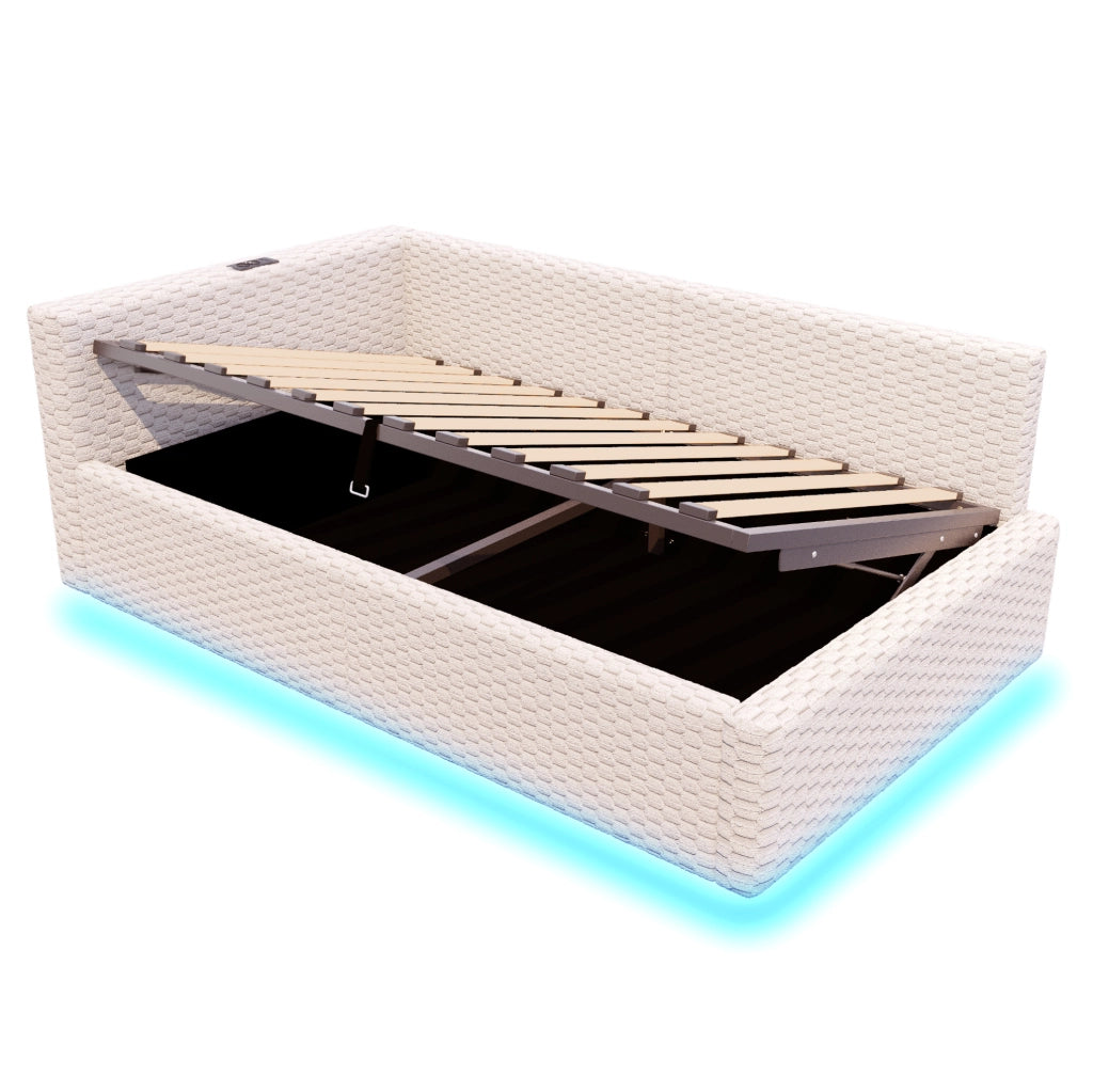 Letto imbottito 90x200 cm con vano contenitore, LED e porte USB/Type-C