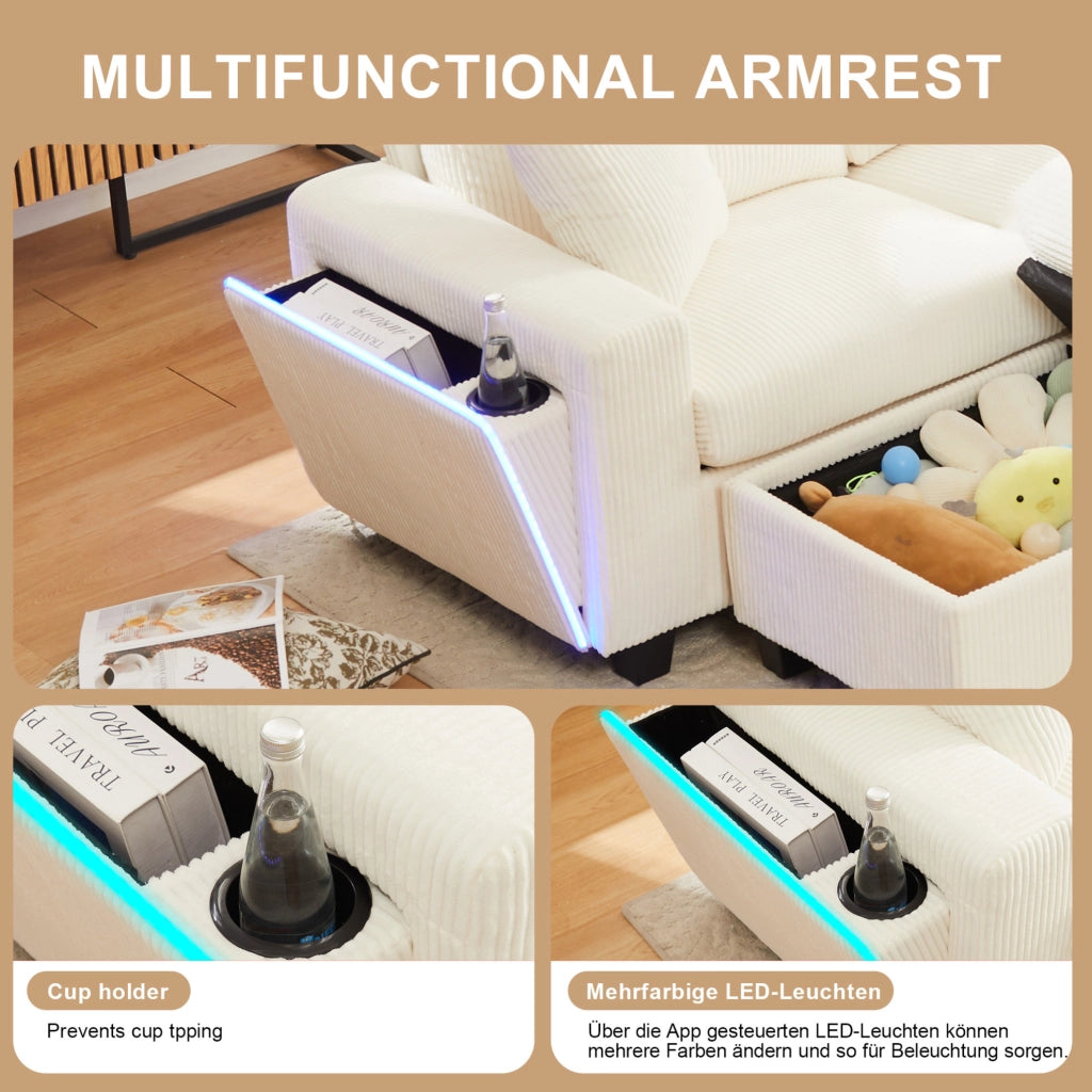 Divano a U in velluto a coste con 2 pouf contenitore; LED; USB e Type-C; beige 334x128;5x81 cm