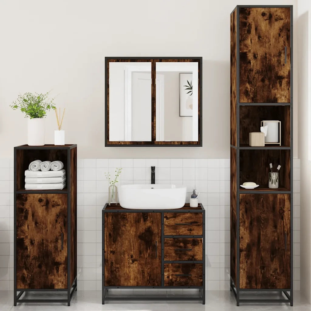 Set Mobili da Bagno 4 pz Rovere Fumo in Legno Multistrato