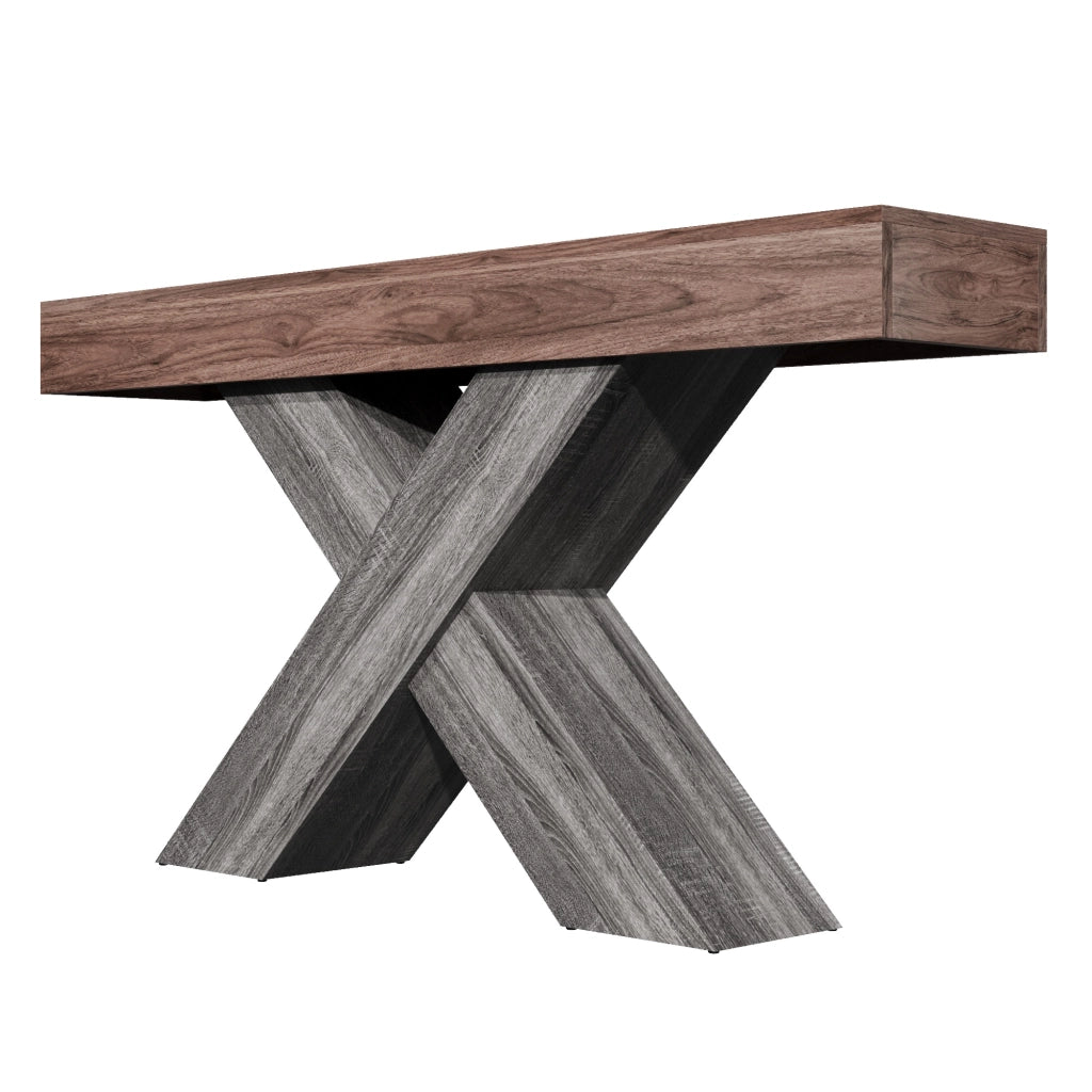 Consolle stretta con supporto a x, piano effetto legno e struttura in truciolare, noce, 140 × 30 × 80 cm