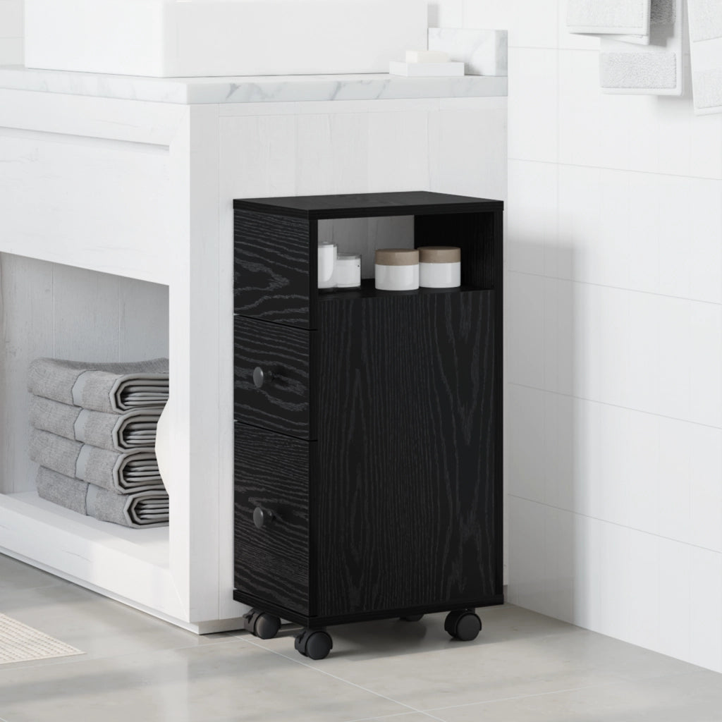 Armadio da Bagno Slim con Ruote in Rovere Nero in Legno Ingegnerizzato