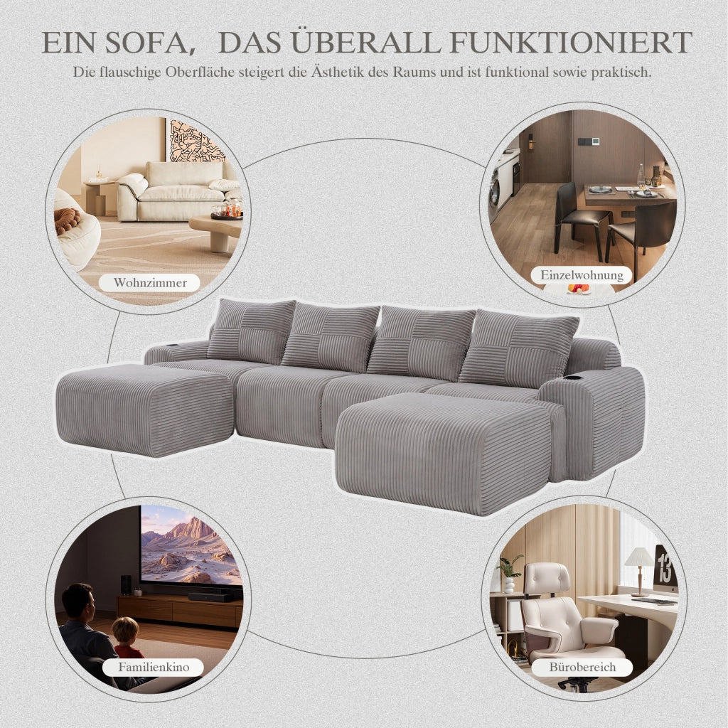 DIVANO modulare 4 posti 333x174x80 cm in corduroy grigio chiaro