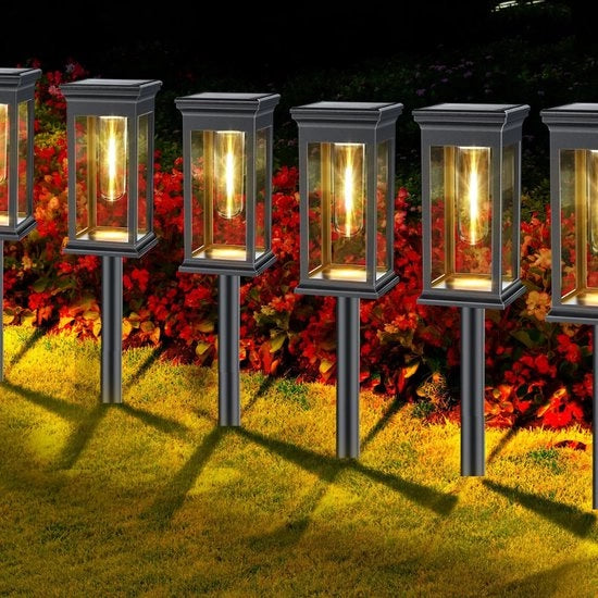 Lampade solari per esterno e giardino, 6 pezzi, tipiche lampade solari per esterno, con wolframio bianco caldo, impermeabili, lampade solari autoaccendenti per decorazione giardino, prato, terrazza, cortile, regalo [Classe di Efficienza A+++]