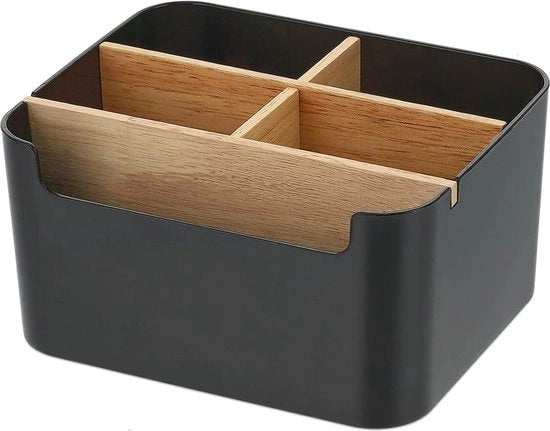 Organizzatore per ufficio 5 cassetti in bambù con appoggio per penne - scatola di archiviazione per penne e cosmetici - adesivi autoattaccanti per note - nero