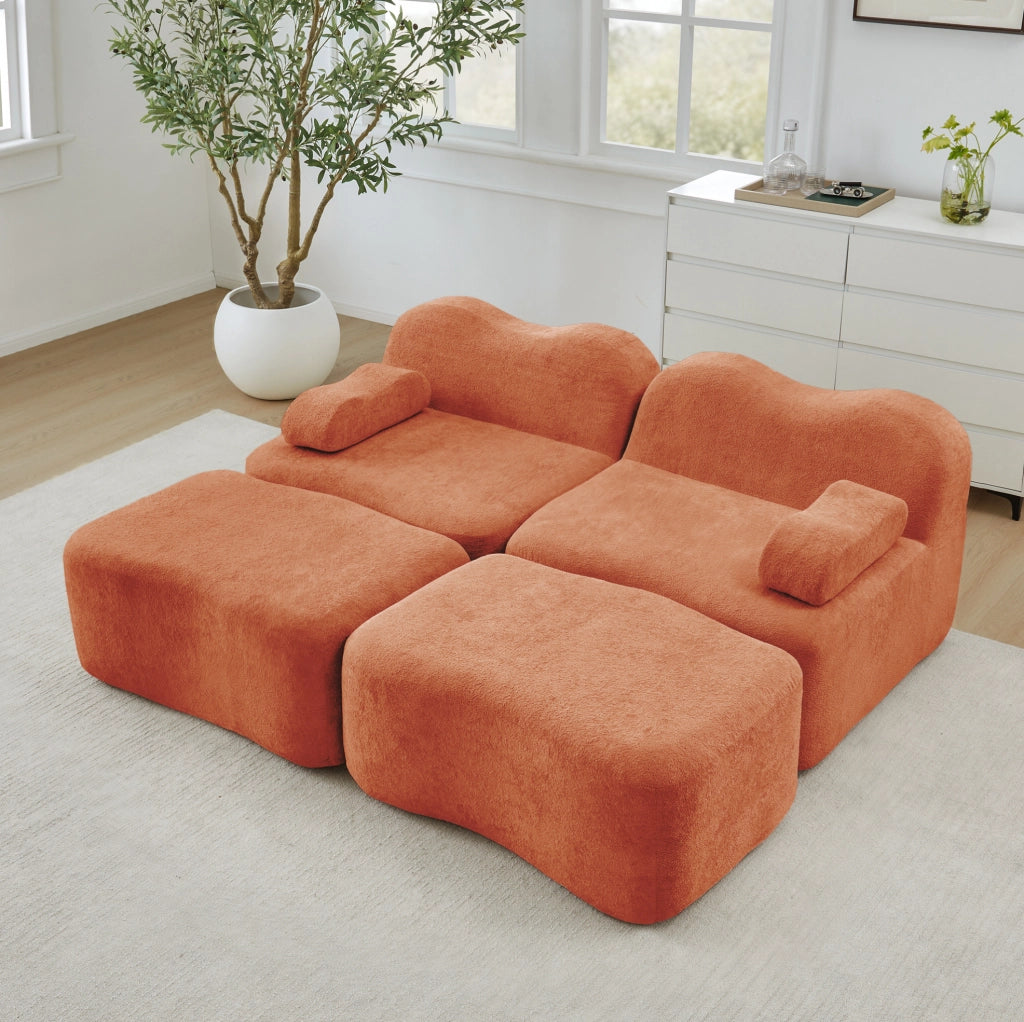 Divano modulare angolare in velluto arancione 192x167x70 cm con pouf componibili