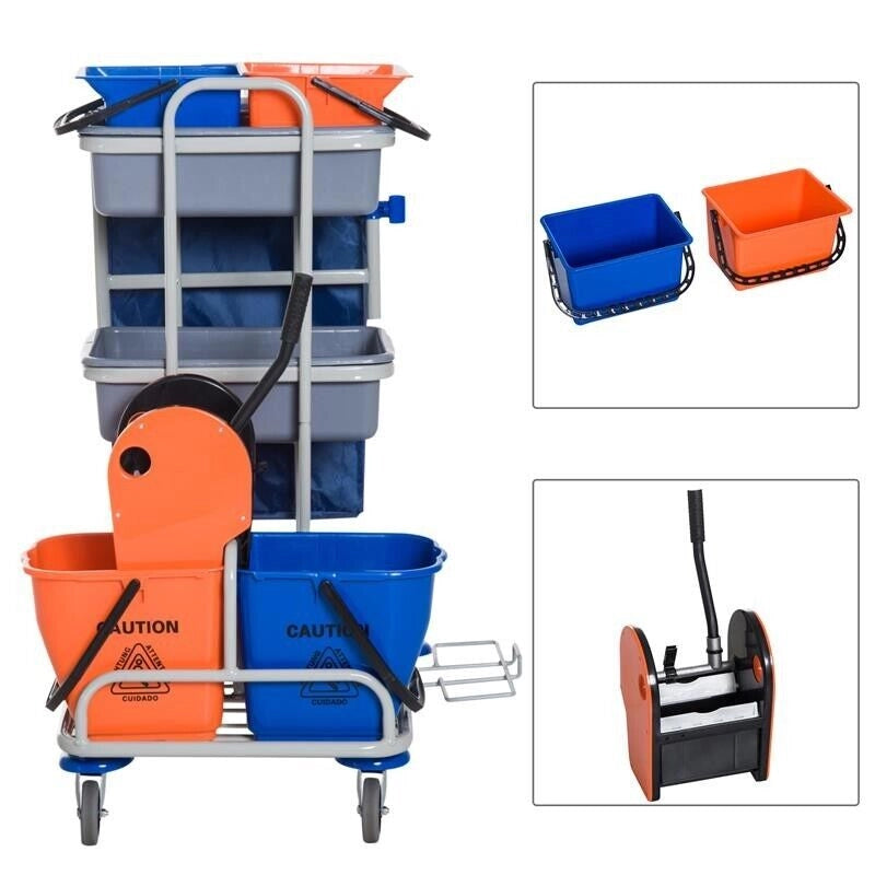 CARRELLO PROFESSIONALE CON 4 SECCHI GRIGIO, BLU E ARANCIONE CON STRIZZATORE