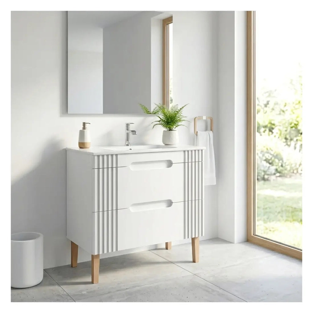 Set da bagno FIDJI: mobile sottolavabo 80cm + lavabo da incasso bianco + sifone + piedi