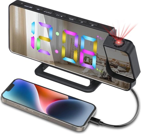 Bedwekker Digitale con Proiettore e Illuminazione LED - Rotativo, Regolazione di Luminosità, Funzione di Stand-by e Ricarica Tipo C