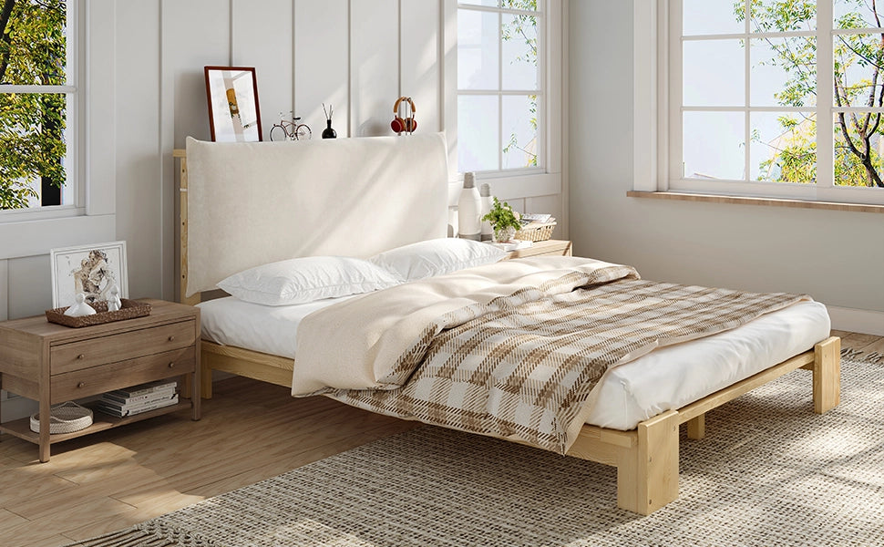 Letto imbottito con testiera 140x200 cm in legno naturale e tessuto