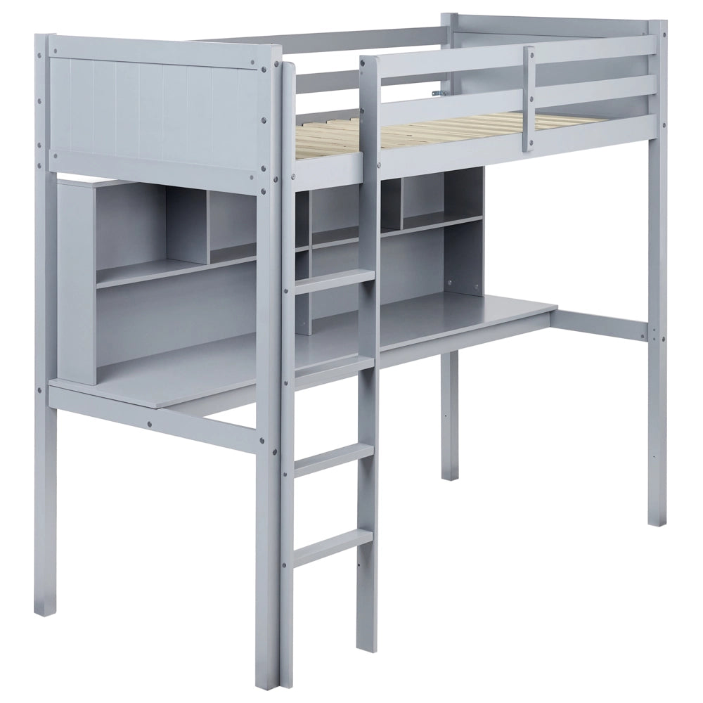 Letto alto per bambini Struttura in legno di pino grigio con scrivania e letto a soppalco Camera dei bambini e multifunzionale