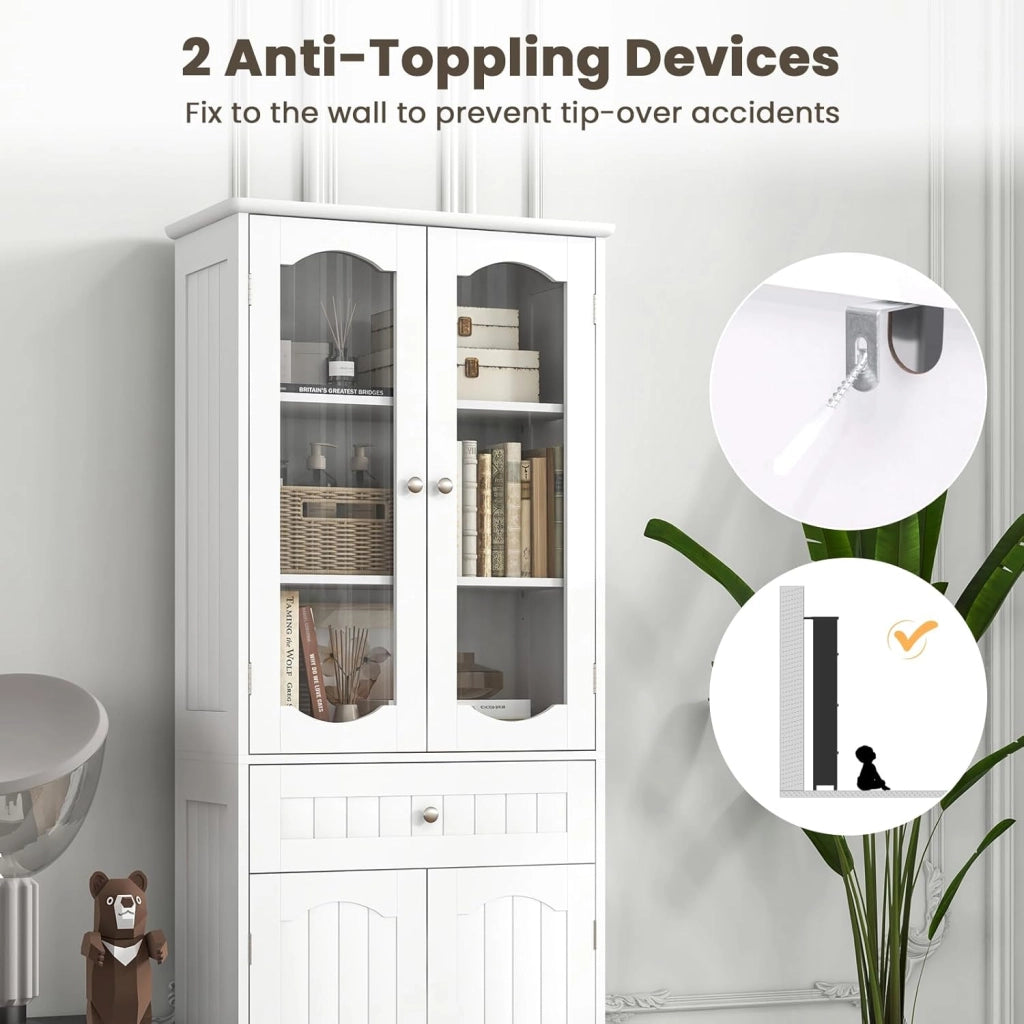 Mobile da Bagno a Terra, Armadietto da Bagno Alto, Mobiletto da Bagno Moderno, con 4 Ante in Vetro e 1 Cassetto, Ripiani Regolabili in Altezza, Ampio Spazio di Stoccaggio per Casa (Bianco)