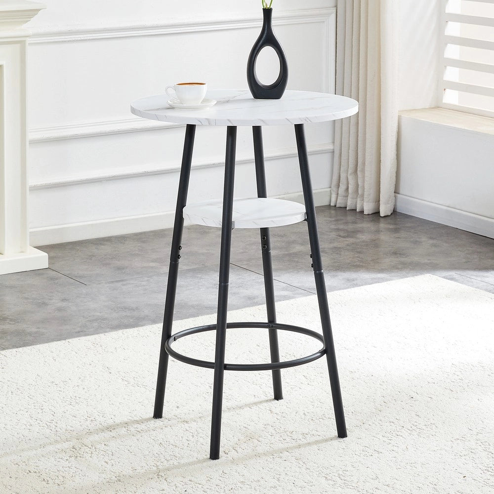 Tavolo Bar con Vano Contenitore ¨C MINIMAL ¨C Rotondo, Effetto Marmo Bianco, Telaio Metallo Nero, ?60x89cm