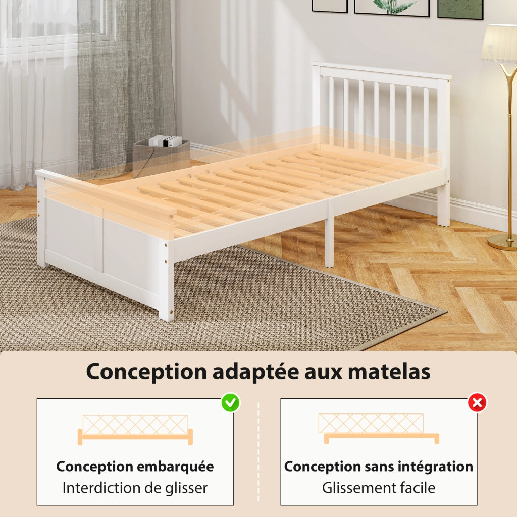Letto Singolo in Legno Massello con 2 Cassetti e Testiera ¨C Zephmum ¨C 90x190 cm Bianco