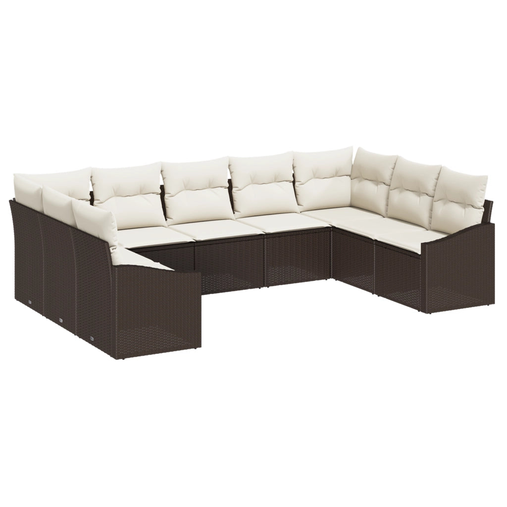 Set di Divani da Giardino da 9 Pezzi con Cuscini Marrone Polyrattan