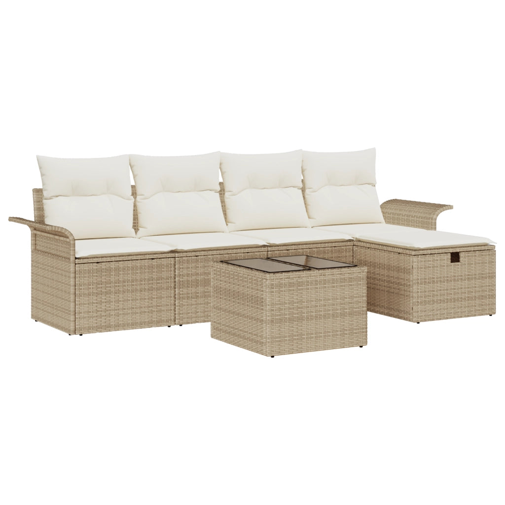 Set Divano da Giardino 6 Pezzi con Cuscini Beige Rattan Poliestere