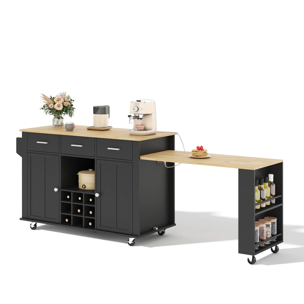 Isola cucina mobile con piano estraibile, 3 cassetti, portabottiglie, presa USB e 7 ruote, 136(223)x50x93 cm, nero/effetto naturale