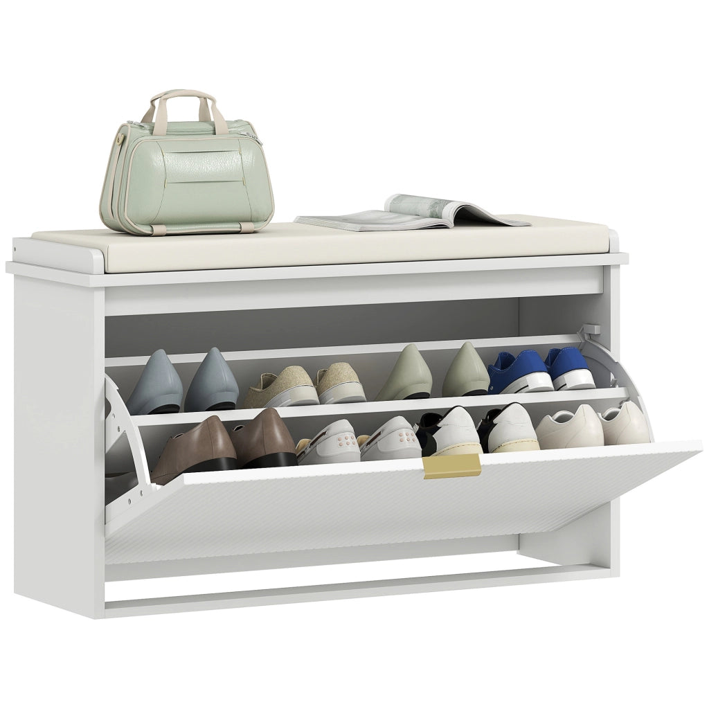 Panca Scarpiera con Ripiano Interno 80x26x47,5 cm in Legno e Tessuto Effetto Lino Bianca e Beige