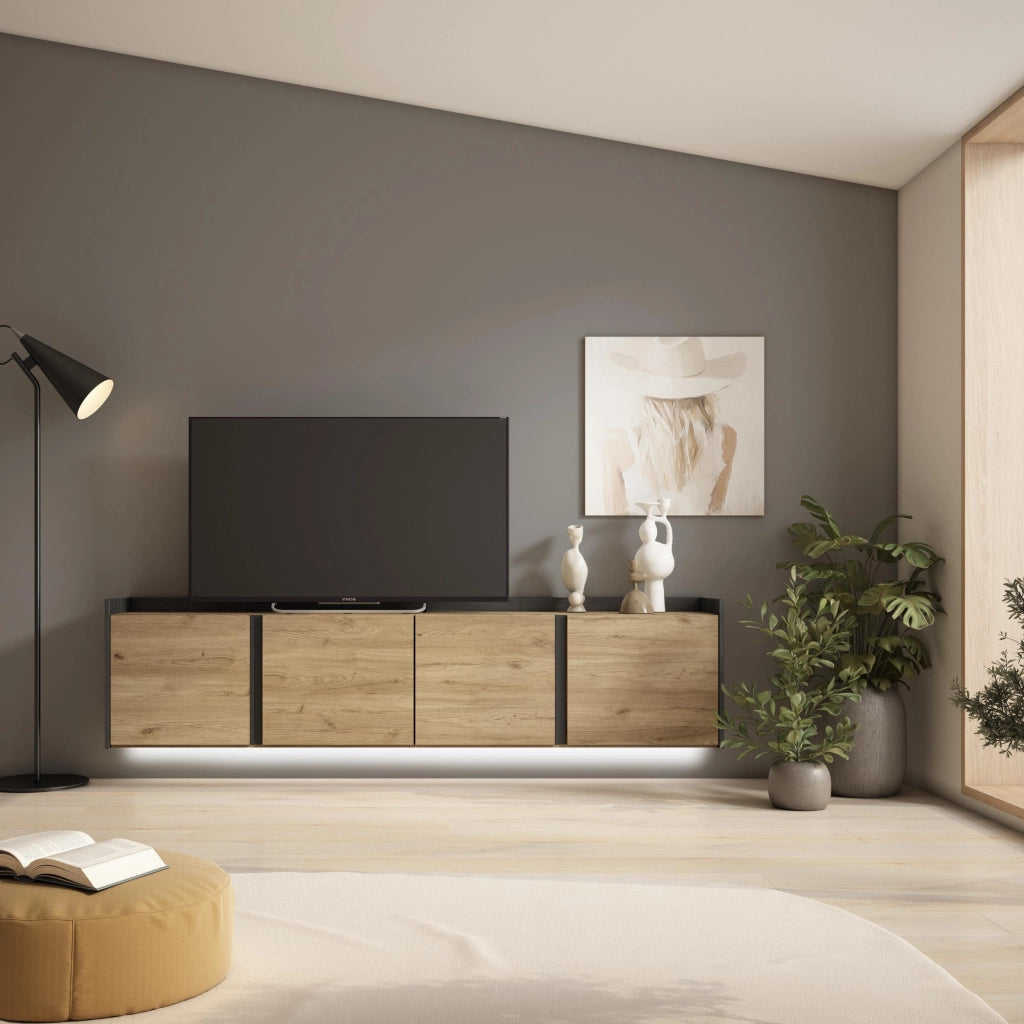 Mobile TV Soggiorno, 207x50x35 cm, Per TV fino a 80", Sospeso, da appendere, LED, Rovere e nero