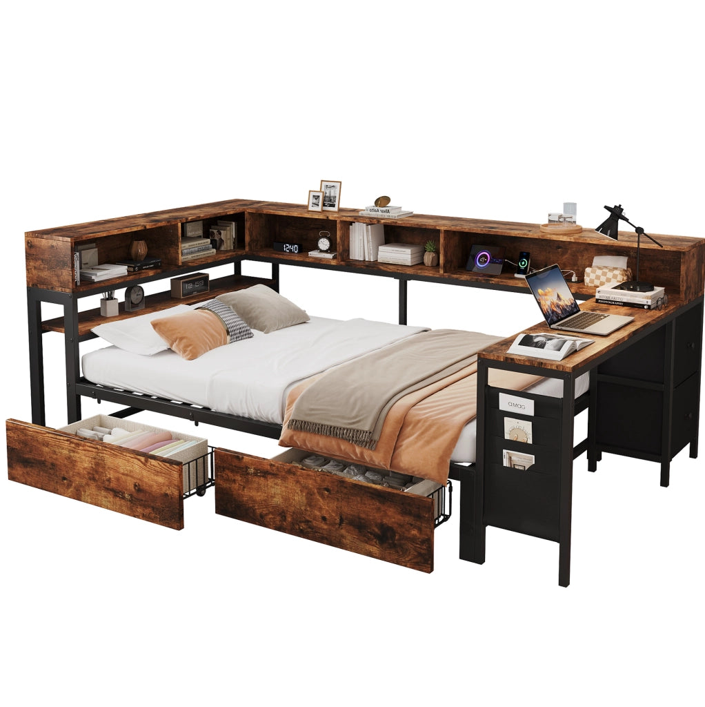 LETTO Singolo 120x200 cm Metallo e Legno Nero/Naturale con 2 Cassetti