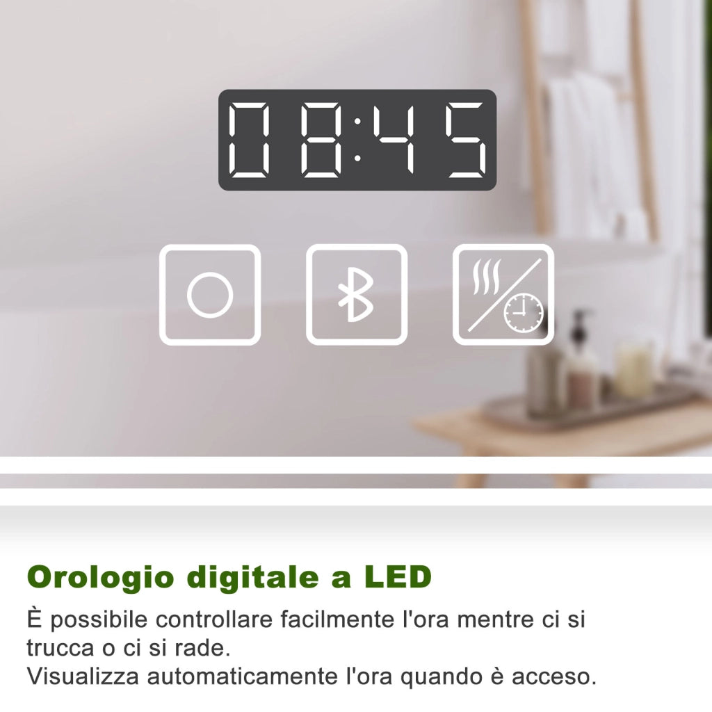 Specchio da bagno Aica LED 160 x 80 cm + Orologio + Bluetooth + luminosità regolabile tricolore
