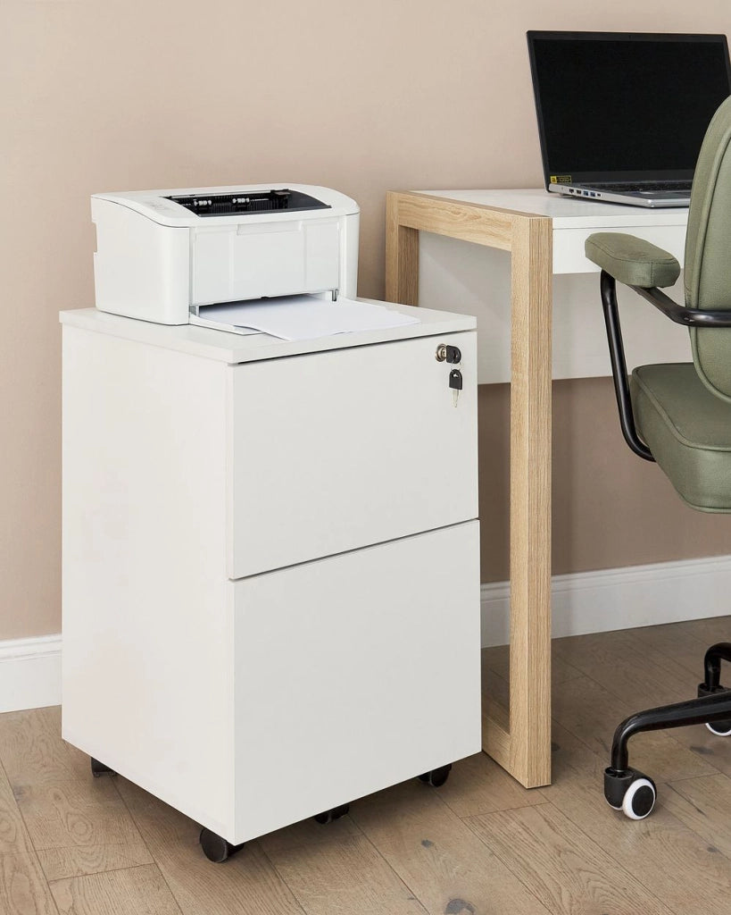 Armadietto per ufficio in legno massiccio con 2 cassetti e ruote con serratura a chiave bianco design moderno