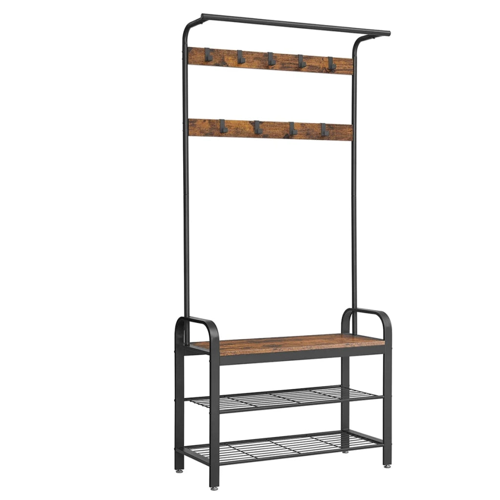 Appendiabiti da ingresso con ganci estraibili panca e scarpiera lungo 84 cm struttura in metallo in stile industriale marrone rustico e nero 12_0007141