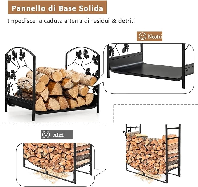 Porta Legna per Interni ed Esterni, Porta Legna per Camino d'Acciaio con Delicato Disegno a Foglia, Portalegna da Ardere per Caminetti, Stufe e Braciere, Portata 50 kg (48 x 34 x 41 cm)