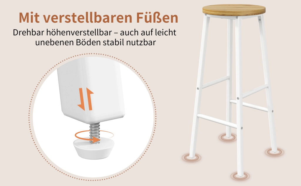 Sgabello da bar set da 2 con seduta effetto legno e piedi regolabili in metallo bianco moderno per isola cucina