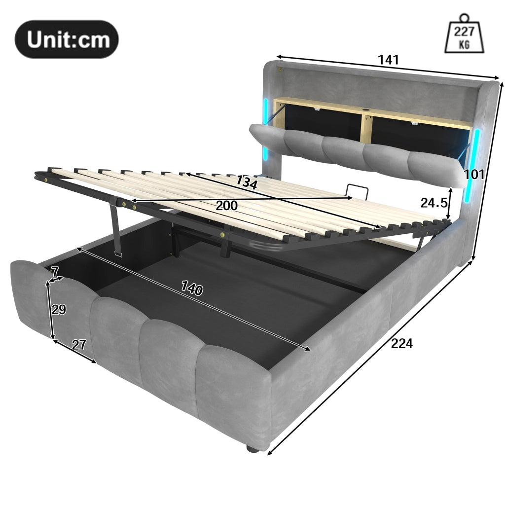DESMIU Letto Contenitore 140 × 200 cm 2 Posti con LED, USB, USB-C e Testiera con Vano, senza Materasso, Velluto Grigio