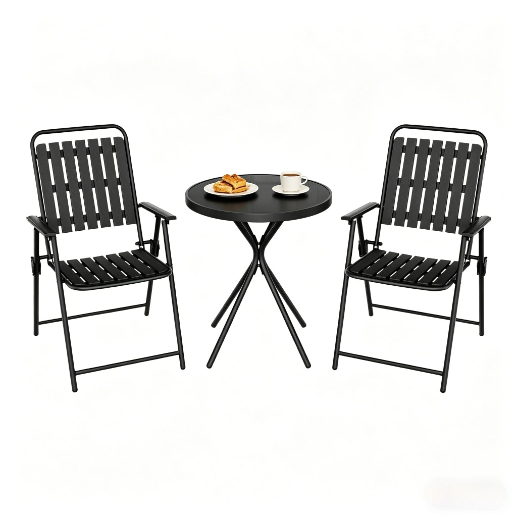Set da giardino 3 pezzi con tavolo e 2 sedie pieghevoli nere in metallo, vetro e PP